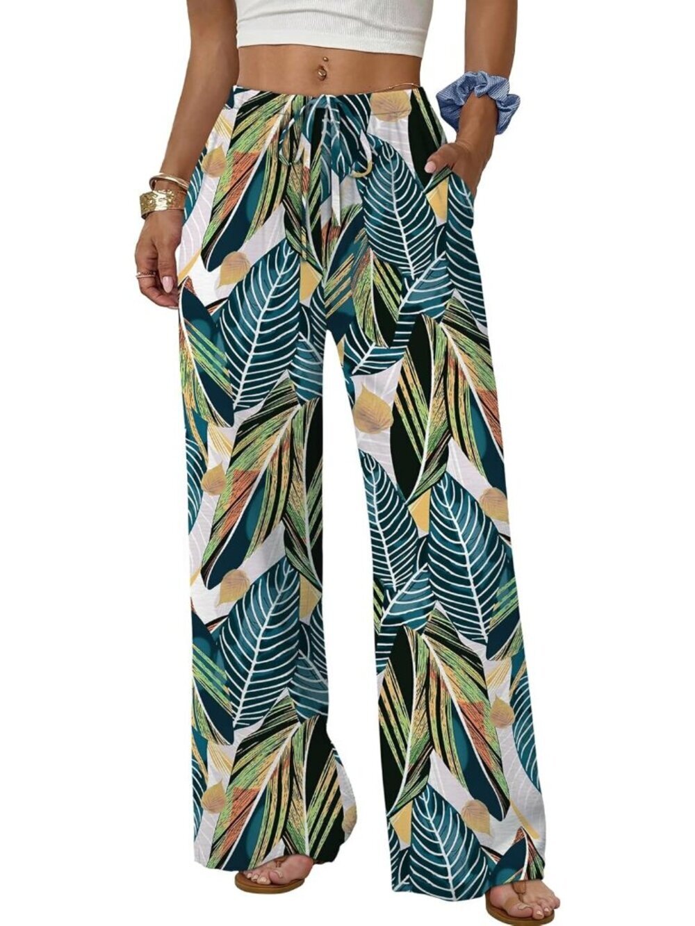 Women's Pattern Green Leaf Flowy Palazzo Drawstring Elastic Waist Wide Leg Pants